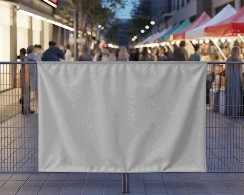 Blank Banner Mockup On Metal Fence At Evening Street Market For Advertising