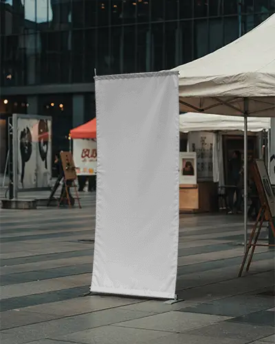 Freestanding Vertical Banner Mockup For Outdoor Events And Promotional Marketplace Use