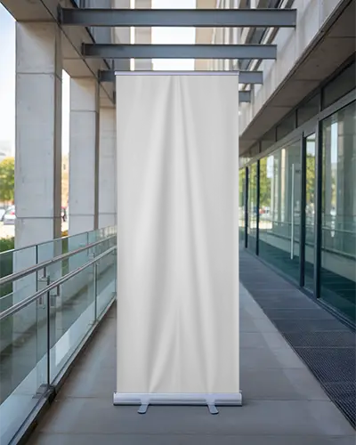Vertical Pull Up Banner Mockup On Sidewalk Next To Glass Railing And Office Building Windows
