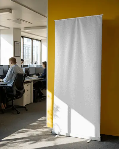 Modern Blank Rollup Poster Banner Mockup In Corporate Office Environment Background