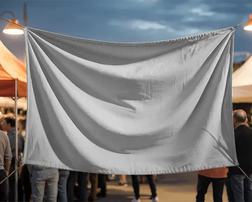 Fabric Banner Hanging At Event With Crowd Background For Advertising And Promotion
