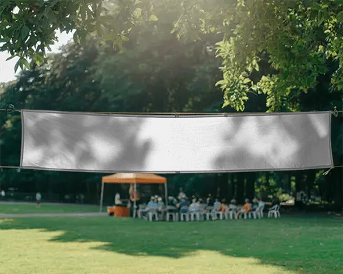 Outdoor Event Promo Banner Mockup On Hanging String In Park Field Landscape