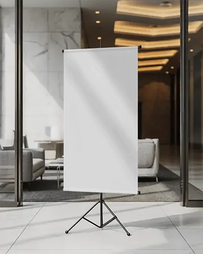 Vertical Tripod Banner Stand Mockup In Luxury Office Lobby For Creative Advertising Usage