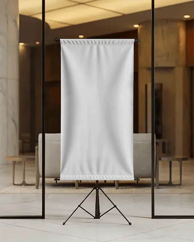 Vertical Banner Stand Mockup In Modern Lobby Environment For Brand Marketing Use