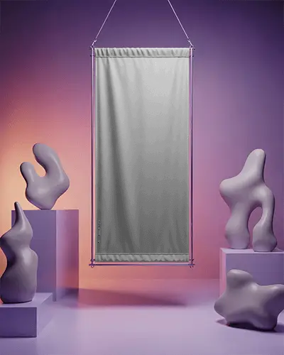 Hanging Fabric Banner Mockup With Abstract Sculptures For Modern Design Presentation