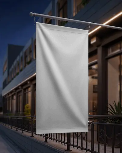 Outdoor Vertical Flag Banner Mockup Hanging On Metal Pole Urban Street Display