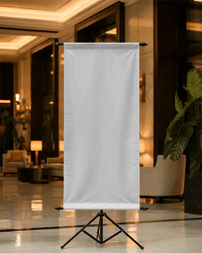 Elegant Display Banner Mockup In Luxurious Hotel Lobby Using Tripod Stand For Marketing Presentation