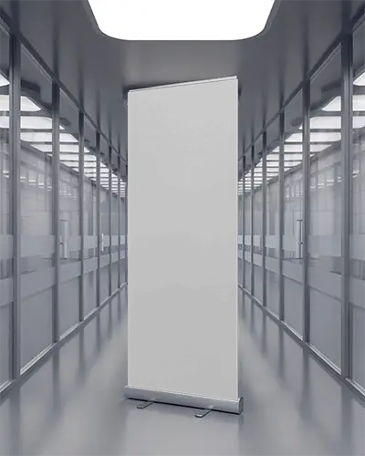 Modern Office Environment With Vertical Banner Mockup Stand For Professional Marketing