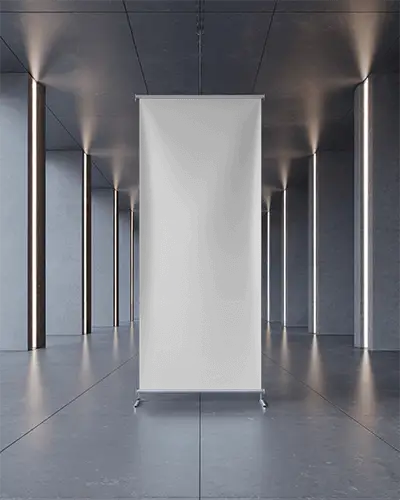 Modern Banner Stand Mockup In Minimalistic Industrial Space For Brand Promotion And Advertising