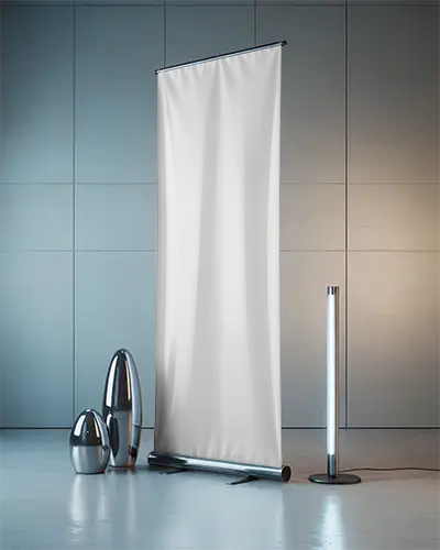 Freestanding Pull Up Banner Mockup With Sleek Modern Floor Lamp And Metallic Decor Elements