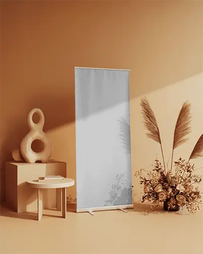 Minimalistic Indoor Banner Mockup With Modern Decor And Dried Floral Arrangement Display