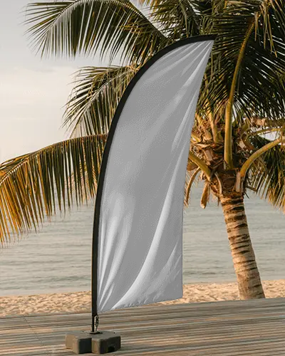 Outdoor Beach Event Advertising Flag Banner Mockup On Wooden Deck For Marketing Purpose