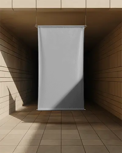 Hanging Banner Mockup In Urban Tiled Corridor For Promo Displays