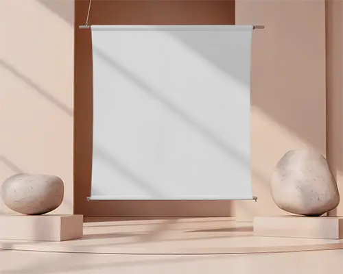 Stylish Exhibition Platform With Hanging Banner Mockup And Natural Rock Display Stands