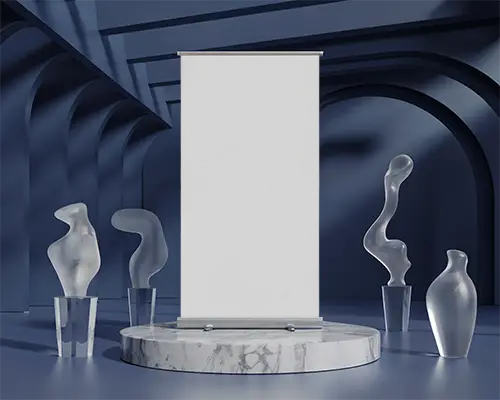Minimalistic Modern Banner Mockup Stand On Marble Podium With Abstract Sculptures Background