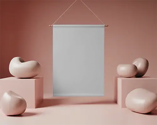 Vertical Banner Mockup Display For Artwork Presentation In Modern Minimalist Setting