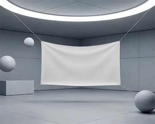 Large Horizontal Fabric Banner Mockup Hanging By Rope In Minimalistic Room Setting