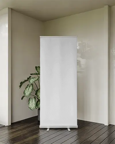Modern Roll Up Banner Mockup In Minimalist Interior Setting For Brand Presentation