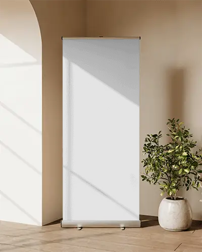 Minimalistic Indoor Banner Mockup With Modern Plant And Natural Light Shadow Effects