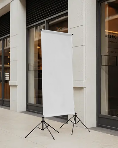 Outdoor Vertical Banner Mockup Stand For Retail Promotion And Event Advertising Display
