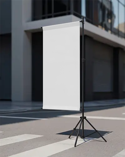 Outdoor Banner Mockup Display Stand Portable Tripod Setup For Advertising Promotions And Events