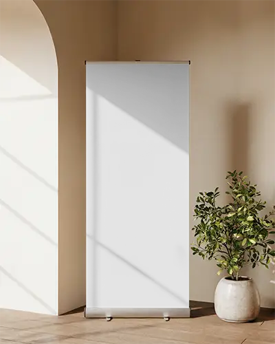 Blank Vertical Roll Up Banner Mockup Stand Mockup In Contemporary Interior Space