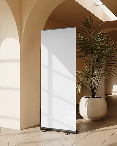 Modern Blank Banner Mockup Displayed In Breezy Spacious Room With Potted Foliage