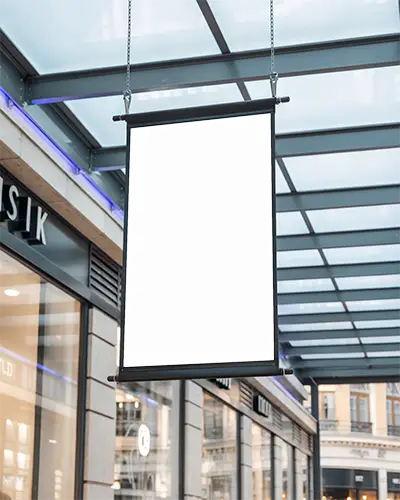 Vertical Hanging Banner Mockup Outdoor Storefront Advertising And Retail Promotion 