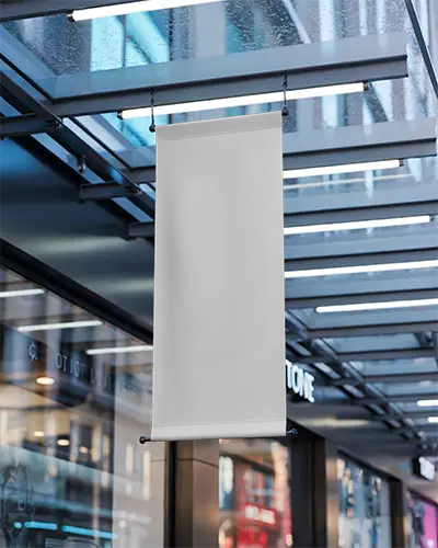 Hanging Vertical Banner Mockup For Modern Retail Storefronts Cityscape Background