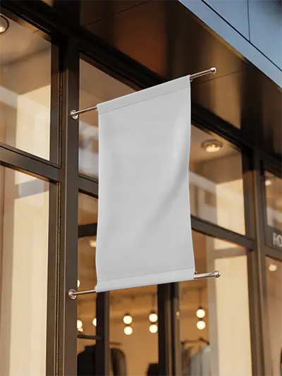 Urban Store Window Mounted Blank Banner Mockup For Business Advertising And Marketing Strategy