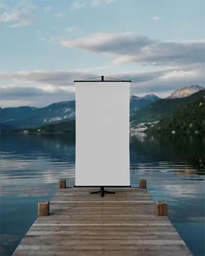 Portable Stand Banner Mockup On Pier Over Water With Scenic Nature Mountain View