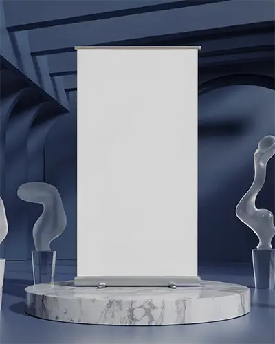 Sleek Vertical Banner Mockup Setup On Marble Platform For Branding And Marketing Designs