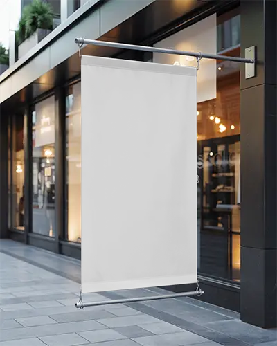 Blank Vertical Hanging Banner Mockup Outdoor Retail Storefront Display Advertising