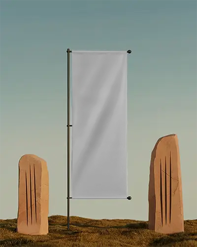 Tall Vertical Hanging Banner Mockup With Empty Space In Desert Style Landscape Setup