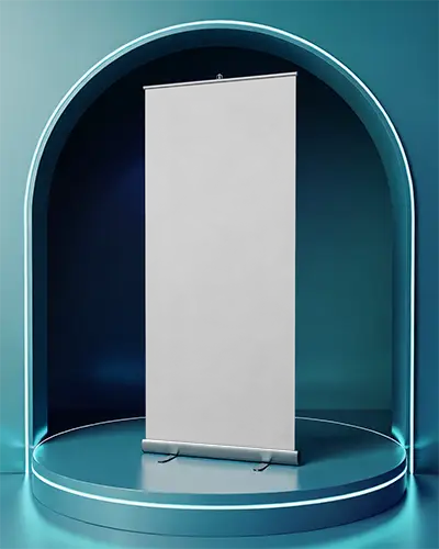 Sleek Roll Up Banner Mockup On Illuminated Platform For Professional Visual Presentation