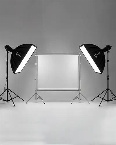Studio Lighting Setup Banner Mockup With Large Softbox Flashes And Photography Backdrop Stand