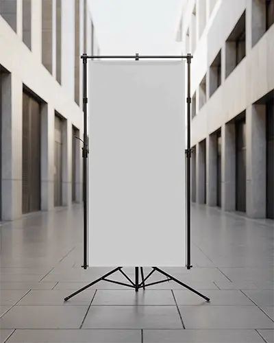 Blank Fabric Banner On Tripod Stand Ready For Branded Graphic Design Presentation