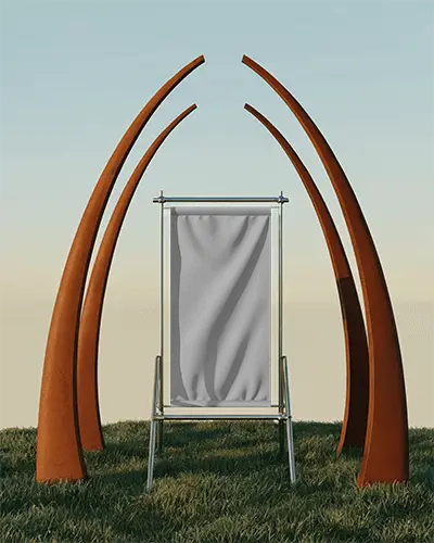 Grass Field Banner Display With Sleek Stand And Abstract Architectural Frame
