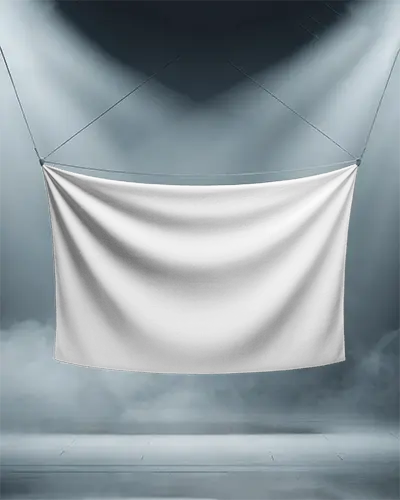Isolated Horizontal Fabric Banner Display Mockup With Dramatic Lighting For Event Advertisement