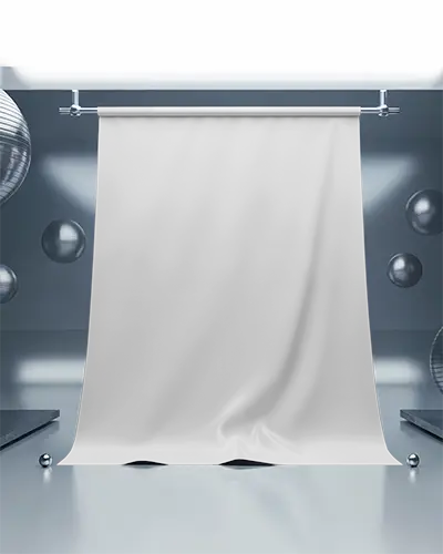 Modern Blank Fabric Backdrop Hanging In Studio With Metallic Spherical Decor Elements