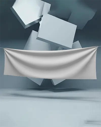 Realistic Draped Cloth Banner Mockup Suspended In Midair Against Abstract Boxes
