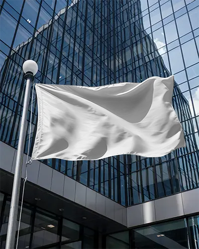 Realistic Flag Banner Mockup Floating In Wind At Business District With Glass Walls Background