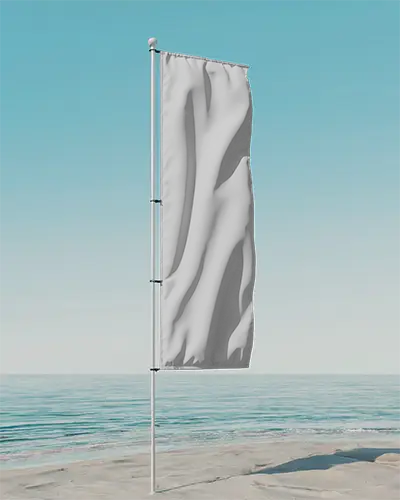 Tall Vertical Flag Banner Mockup For Custom Outdoor Advertising At Beach Scene Promotion