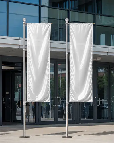 Vertical Outdoor Banner Mockup Urban Setting Modern Building Entrance Blank Flag Design