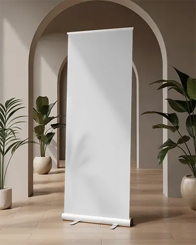 Vertical Promo Banner Mockup In Elegant Arched Interior With Floor Planted Pots