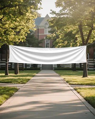 Empty Outdoor Banner Mockup Display On Campus Pathway Under Trees Friendly Environment