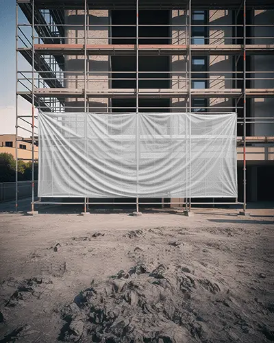 Empty Construction Site Banner Mockup On Metal Scaffolding For Visual Marketing