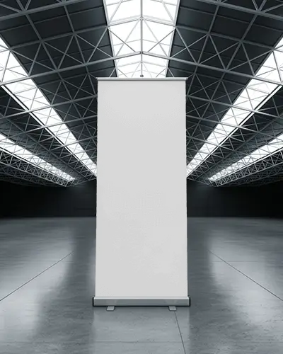 Vertical Pull Up Banner Mockup Inside Illuminated Hangar With Open Space Floor Design