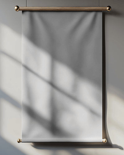 Elegant Hanging Banner Mockup Sunlit Fabric Scroll With Classic Golden Rods