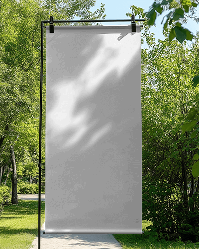Outdoor Garden Banner Mockup Minimalist Hanging Sign In Sunny Green Park Setting